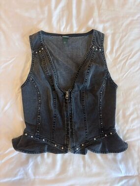 Target Black Washed Denim Zip Front Studded Peplum Vest